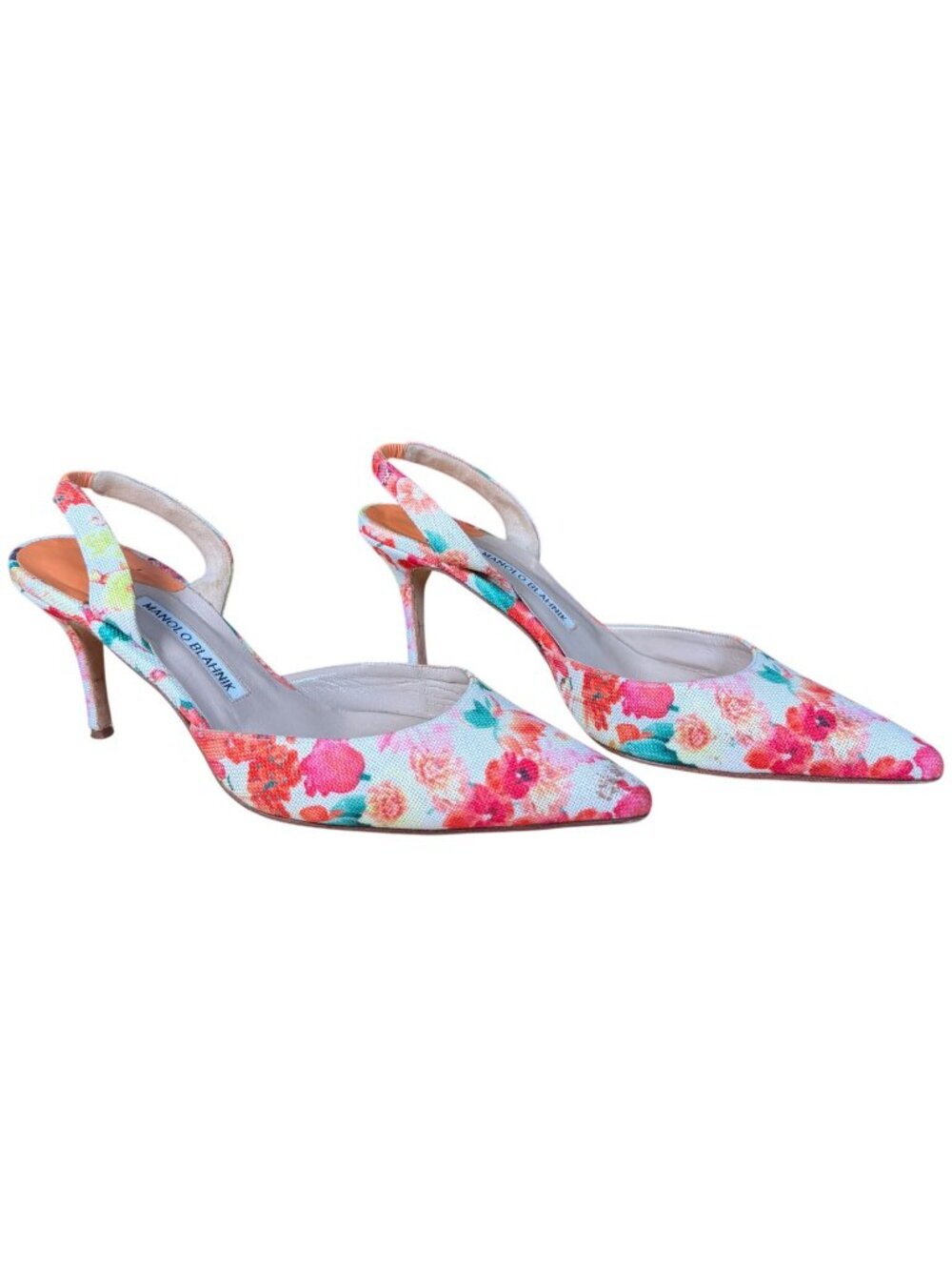 Manolo Blahnik Carolyne Floral Fabric Pointed Toe Slingback Heels Size EU 39.5